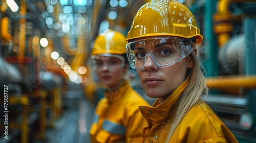 The photo shows an industrial plant. In the foreground you can see two production employees. The employees wear a safety suit, helmets and secuirty glasses. 