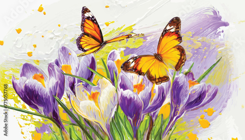 Oil Painting  Graceful Crocuses and Butterflies in Delicate Detail 