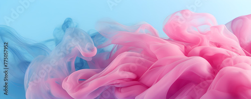 Pink and blue smoke intertwines in an ethereal dance against a gradient blue background, conveying a sense of mystery, abstract smokey banner, background