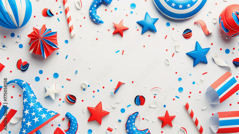 Fototapeta premium Red, white, and blue balloons and streamers decorating a white background banner