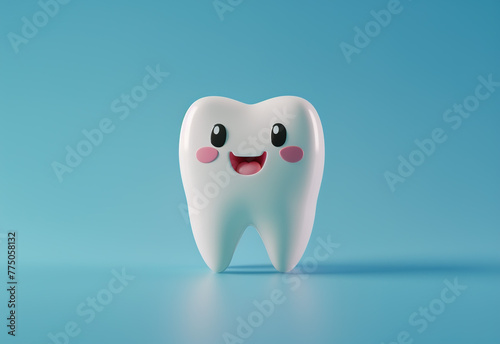 Funny tooth character 3D style. Cute kawaii mascot blue background. Banner for dentists copy space. Generative AI
