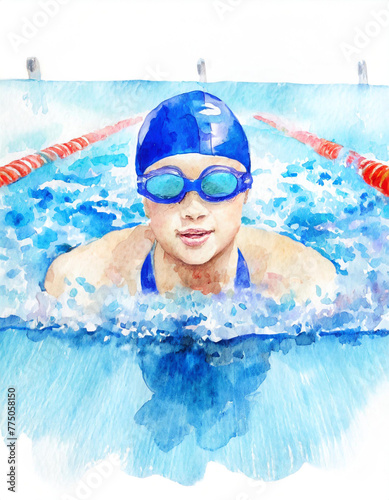 A drawing of a person swimming in the water with a blue cap. (ID: 775058150)