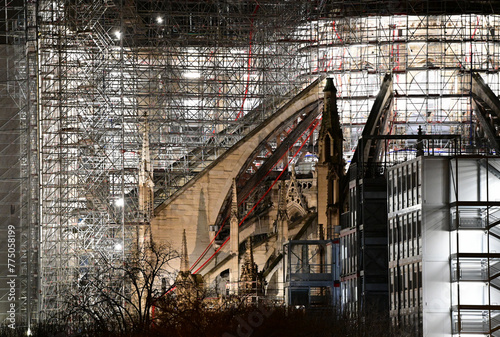 Scaffolding for the restoration of Notre-Dame de Paris Cathedral in France after the fire of April 15 2019.