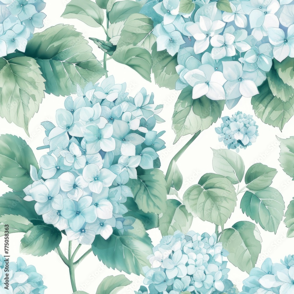 This pattern brings the delicate charm of watercolor to life with clusters of chambray blue hydrangeas nestled among soft green leaves, creating a soothing and elegant continuous design.