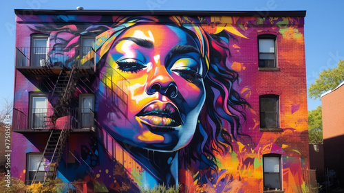  A striking mural of a black woman adorned with vibrant colors  set against a backdrop of urban decay