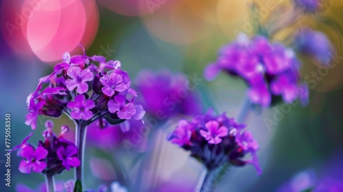 Vibrant Purple Verbena Flowers in Garden Bokeh Photography.