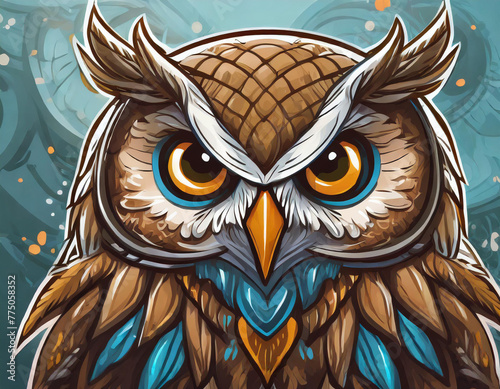 Drawing of a brave owl, staring. colorful imitating cartoon and vector style. (ID: 775058352)