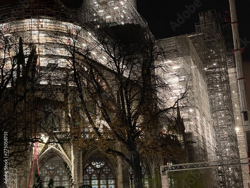 Scaffolding for the restoration of Notre-Dame de Paris Cathedral in France after the fire of April 15 2019.