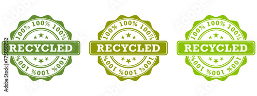 Set of recycled stamp in green color icons. Symbols for business, package, web or app.