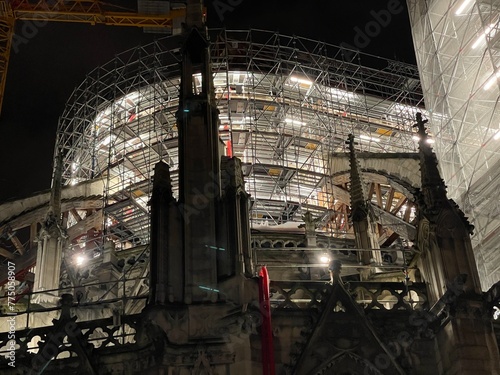 Scaffolding for the restoration of Notre-Dame de Paris Cathedral in France after the fire of April 15 2019.