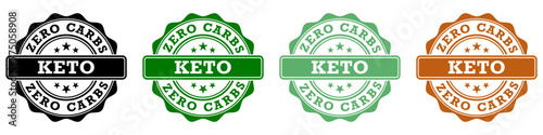 Set of zero carbs keto dietetic product stamp in green, black, orange color icons. Symbols for business, healthy food package, web or app.