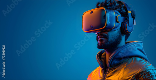 3d illustration of a man using VR headset on a blue background full color