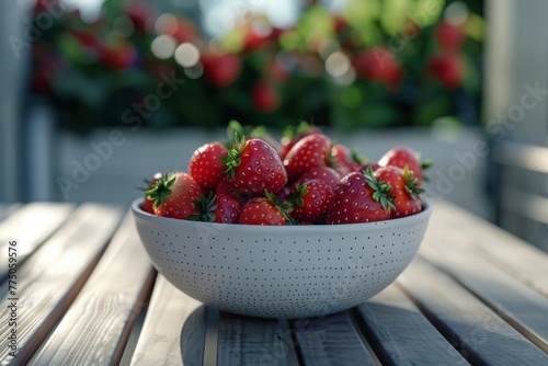 The close-up view of the strawberries in the bowl revealed intricate details, from tiny seeds to glossy skin