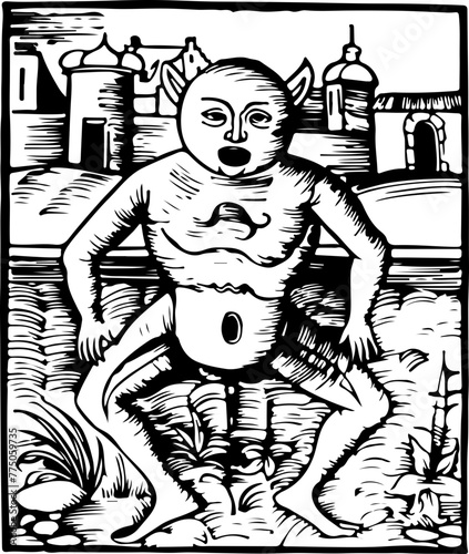 This curious woodcut depicts a humanoid creature with animal features, a surreal blend inspiring wonder and fantasy.