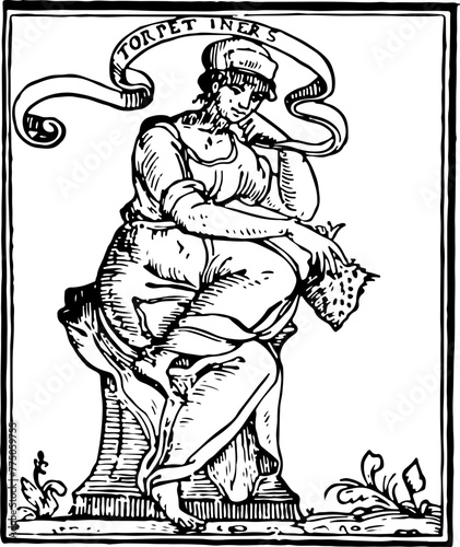 This image captures a black and white woodcut of a pensive statue, representing reflection and history in an artistic form.
