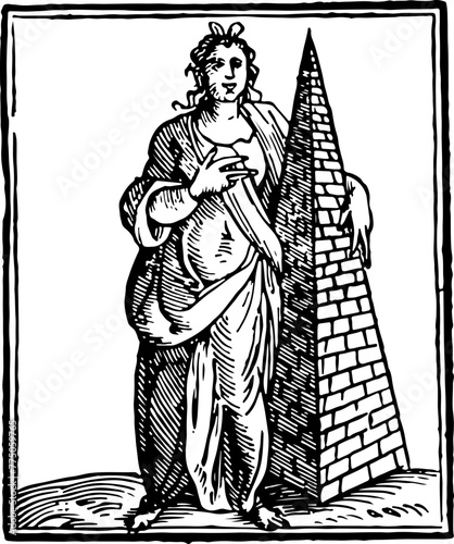 A vintage-style woodcut of a woman standing next to an obelisk, ideal for history, architecture, and travel themes.