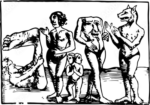 This woodcut shows a surreal scene with human and mythical figures, ideal for concepts of mythology, storytelling, and fantasy.