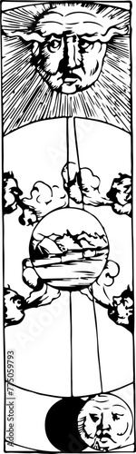 A striking woodcut image juxtaposing the celestial sun and moon with the earth in between, and a stoic figure delivering messages.