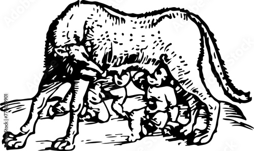 A black and white illustration of Romulus and Remus with the she-wolf, a classic symbol of Rome's legendary origins.