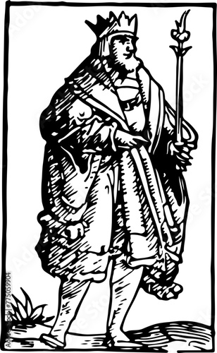 Detailed black and white woodcut of a kingly figure in robes, perfect for historical, royal, or literary themes.