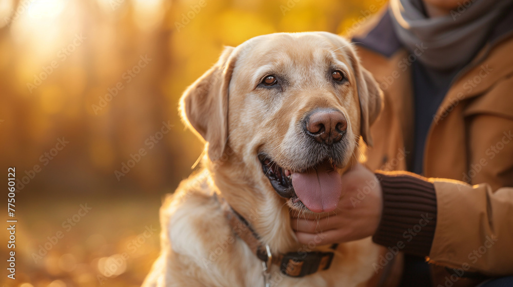 Man stroking his old dog. Loyal labrador retriever enjoying autumn sunny say with his owner.