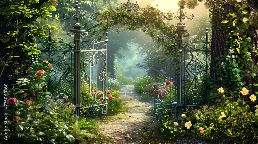 A mysterious iron gate opens to a secret garden, inviting discovery ...