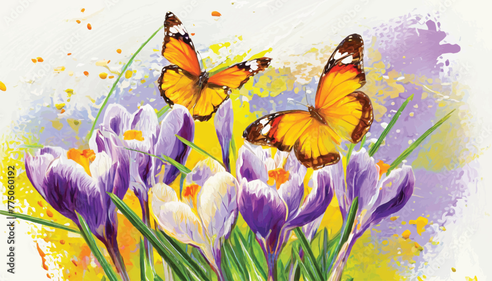 Oil Painting: Graceful Crocuses and Butterflies in Delicate Detail 