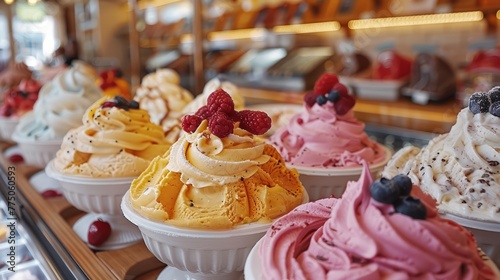 A beautiful decorated ice cream shop with a variety of ice cream flavors to choose from.