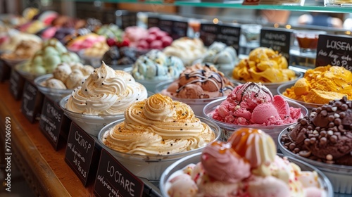 A beautiful decorated ice cream shop with a variety of ice cream flavors to choose from.