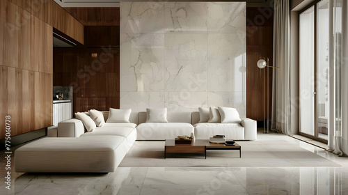 Art deco, contemporary living room with minimalist interior design, marble stone panelling in the property.