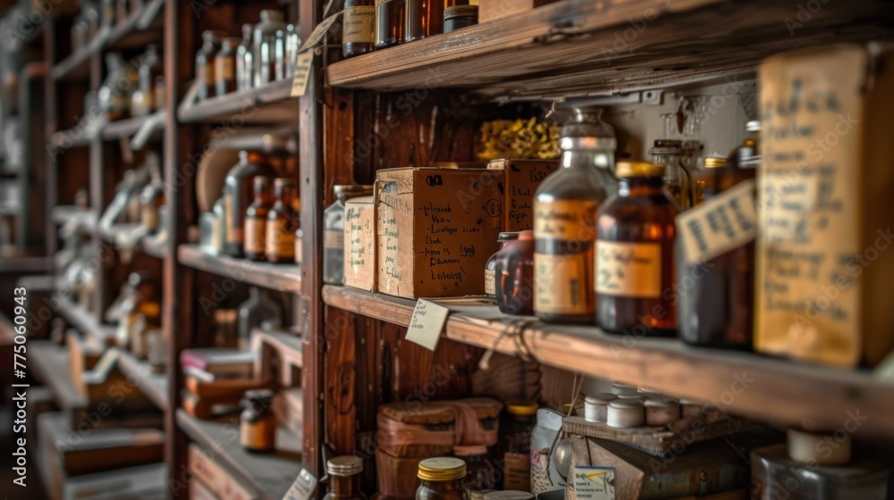 A perspective shot that invites the viewer into an old wooden apothecary filled with vintage medicine bottles and herbal concoctions.