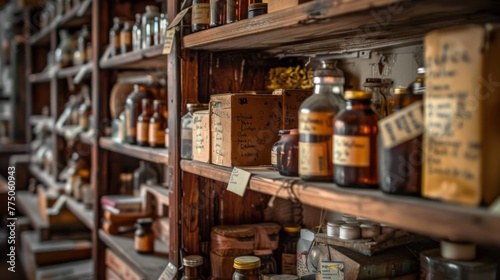 A perspective shot that invites the viewer into an old wooden apothecary filled with vintage medicine bottles and herbal concoctions.