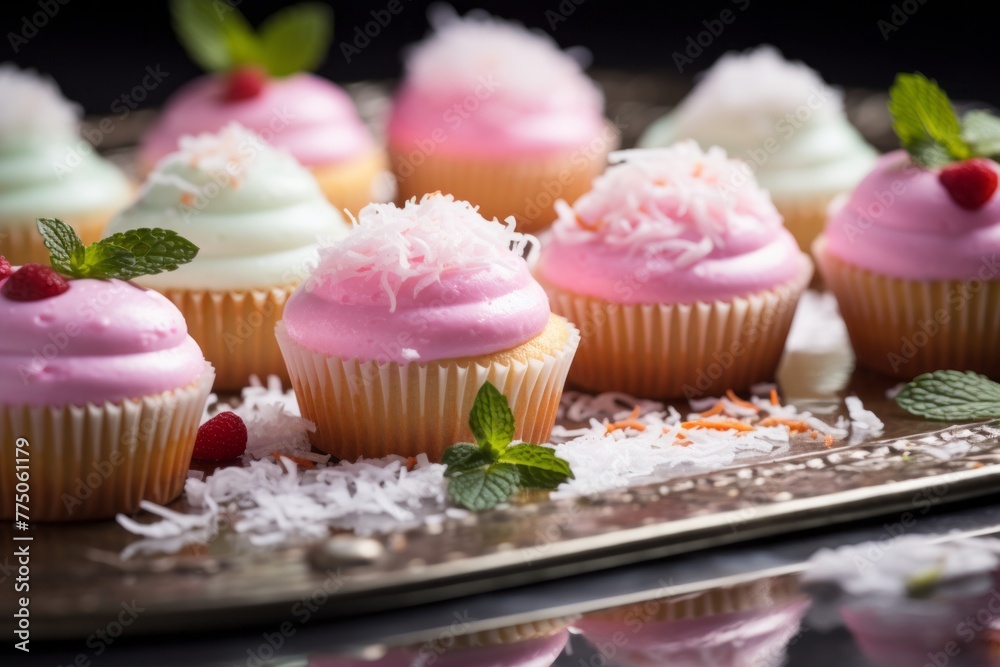 Juicy cupcakes on a metal tray against a rice paper background