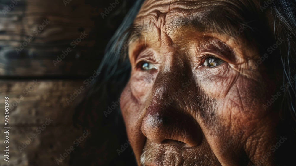 Intense portrait of an elderly man with striking eyes, conveying stories of life etched into his wrinkled skin.