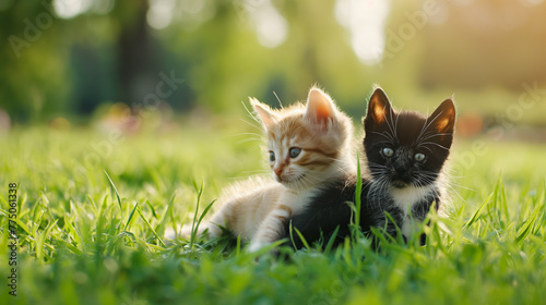 Two little baby cats sitting on the grass. Animals photography © Furkan