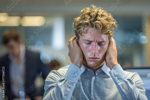 Office worker s discomfort in the background effectively reinforces the theme of a headache