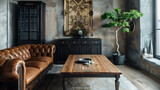 Leather couch next to a rustic wooden coffee table, with a black cabinet and an ornate stucco poster in the background. Modern living room interior design in the Japanese style
