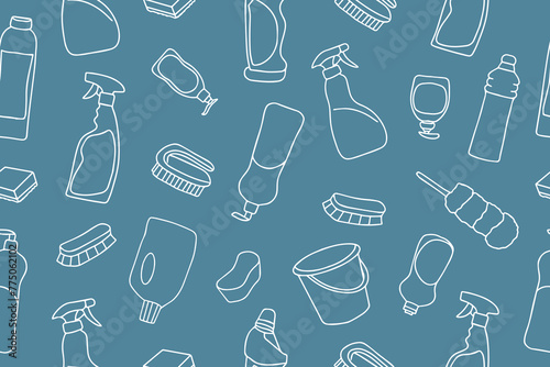 Seamless pattern of cleaning equipment in doodle style. Cleaning line icons. A line of hand-drawn equipment, cleaning products and tools for washing and disinfecting the home, windows, mirrors. Vector