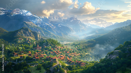 An aerial view of a picturesque alpine village nestled in the mountains