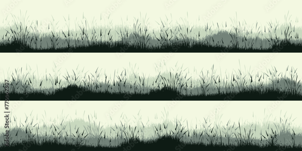 Fototapeta premium Meadow silhouettes with grass, plants on plain. Panoramic summer lawn landscape with herbs, various weeds. Herbal border, frame. Nature background. Green horizontal banner. Vector illustration