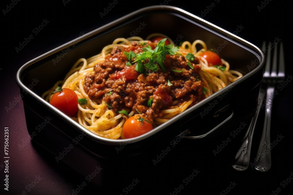 Tasty spaghetti bolognese in a bento box against a silk fabric background