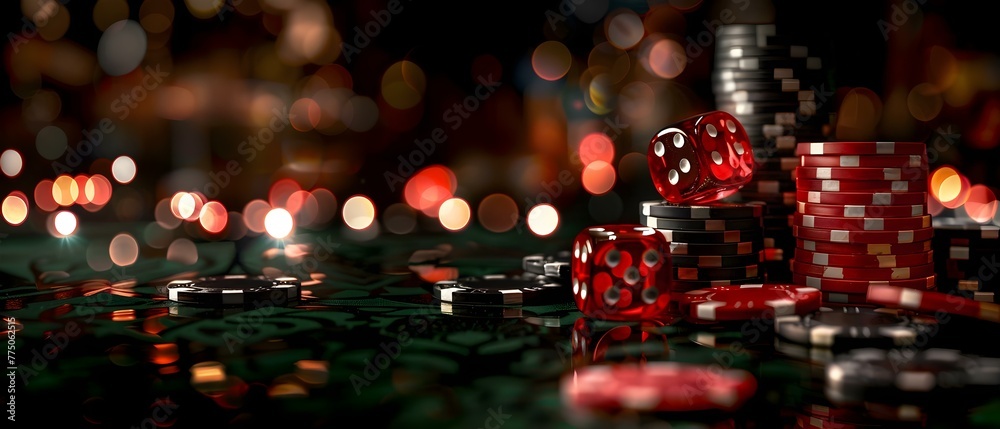 Casino chips cards and dice on a dark background symbolizing wealth gambling and online casinos. Concept Wealth, Gambling, Online Casino, Casino Chips, Cards and Dice - obrazy, fototapety, plakaty 