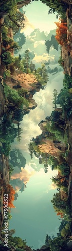 a whimsical forest scene stretching across a panoramic view, blending fantasy elements with natural beauty 