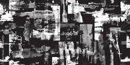 Glitch distorted grungy abstract forms . Halftone dots seamless pattern texture. Grange shapes .Grunge textured . Vector shapes with half tone dots .Screen print endless pattern texture © miloje
