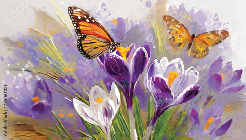 Oil Painting: Graceful Crocuses and Butterflies in Delicate Detail 