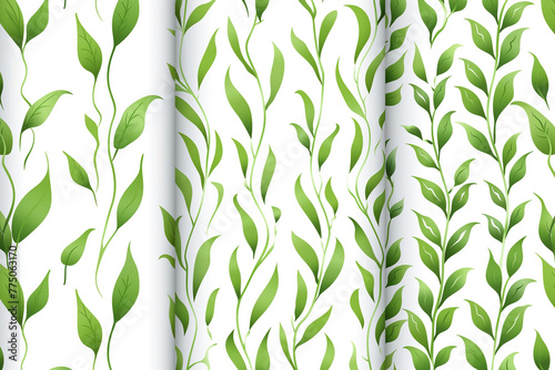 Three vivid green leaves displayed on a clean white background set of organic patterns