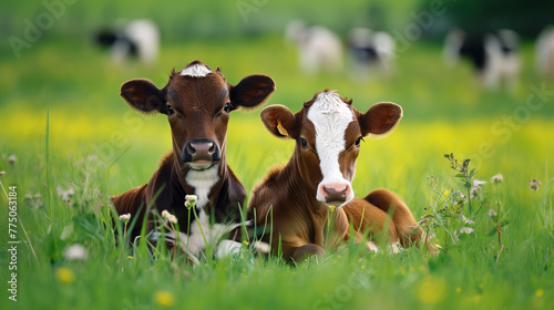 Two little baby cowss sitting on the grass. Animals photography