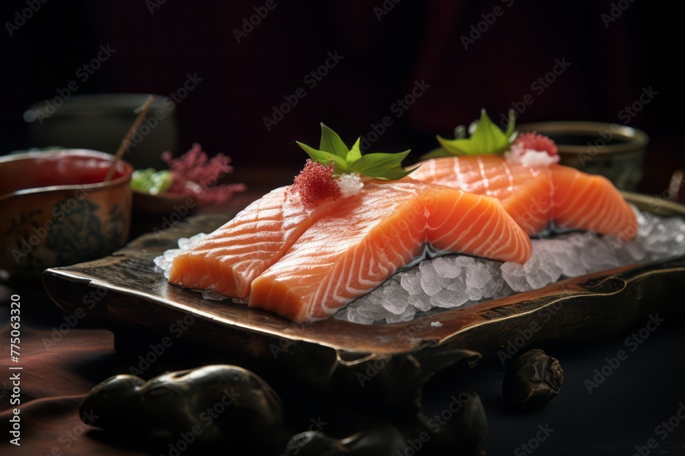 Tasty sashimi on a metal tray against a silk fabric background