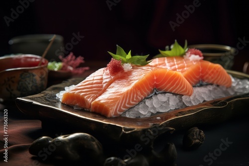 Tasty sashimi on a metal tray against a silk fabric background