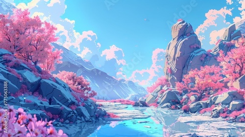 A natural environment illustrated in an anime manner. Generative AI photo